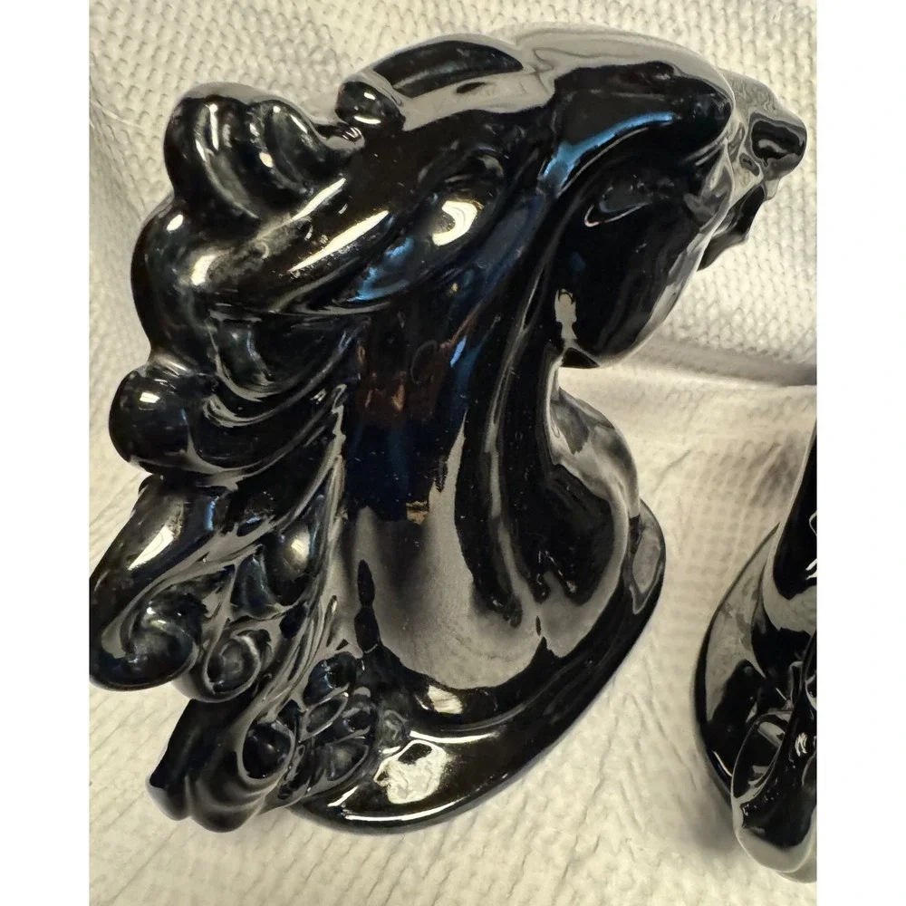 Vintage Pair High Shine Glazed Black Stallion Horse Head Bookends Sculptures